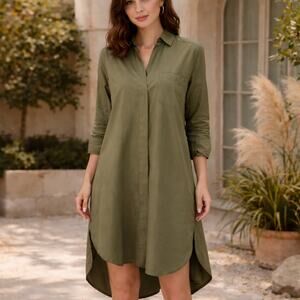 Free People SZ M Button Down High Low Shirt Dress in Army Green Hidden Buttons